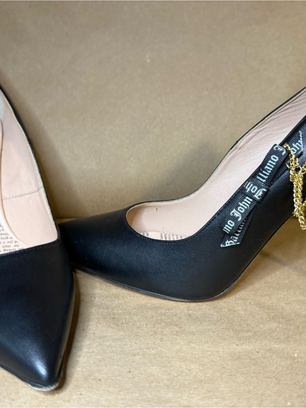 John Galliano Black Pointed-Toe Pumps with Gold Chain Ribbon Detail 38.5